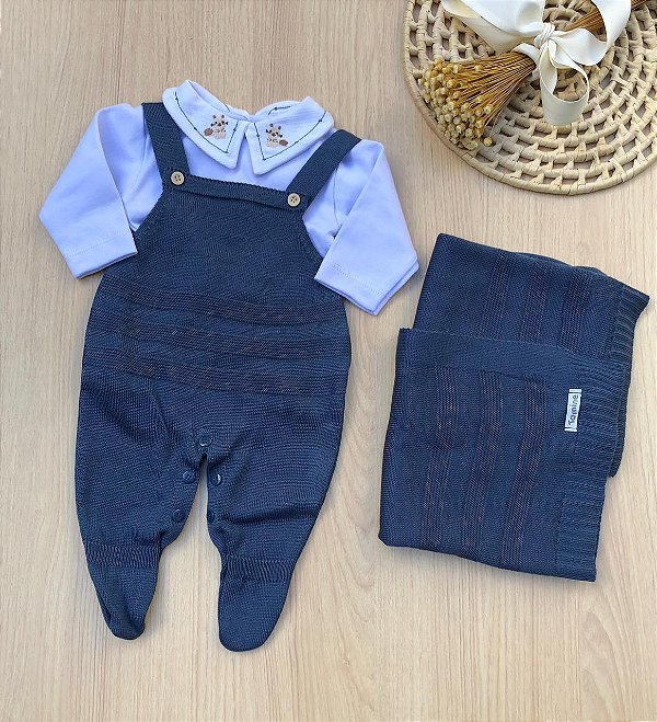 Saída de Maternidade Danilo esquilinhio 3 Peças | Tricot com Gola Bordada | Dinhos Baby