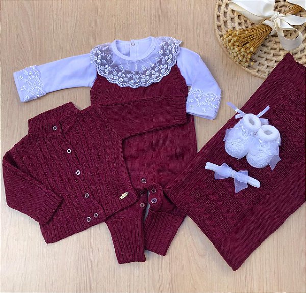 Saída de Maternidade Tricot Clássica 6 Peças | Vinho com Acessórios | Dinhos Baby