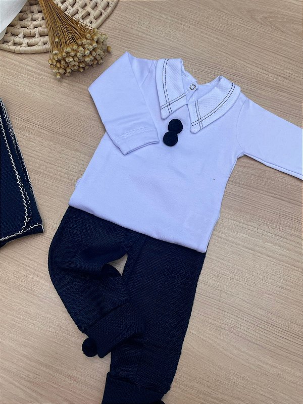 Saída de maternidade de menino azul marinho tricot sanches 3 peças