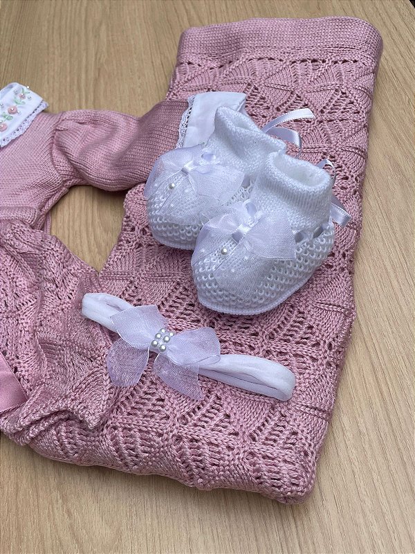 Saída de Maternidade Vestido tricot Rosa Kit Completo 6 peças