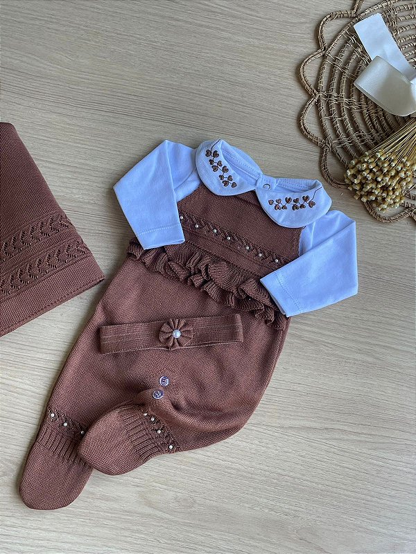 Saída de maternidade de menina em tricot marrom Ayla 4 peças