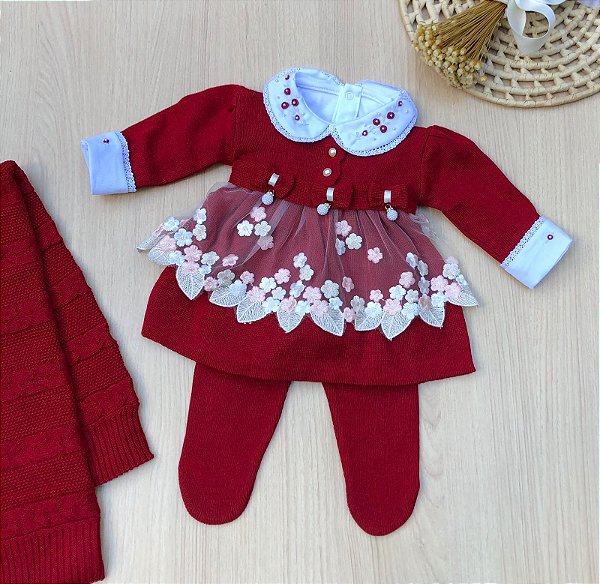 Saída de Maternidade Floratta menina flor 4 Peças Tricot com Tule Bordado