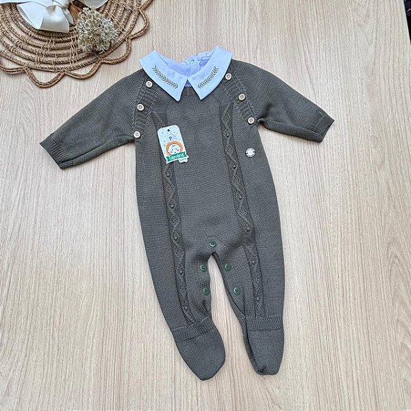 Conjunto Macacão Tricot Menino 2 Peças com Body e Gola Bordada francisco