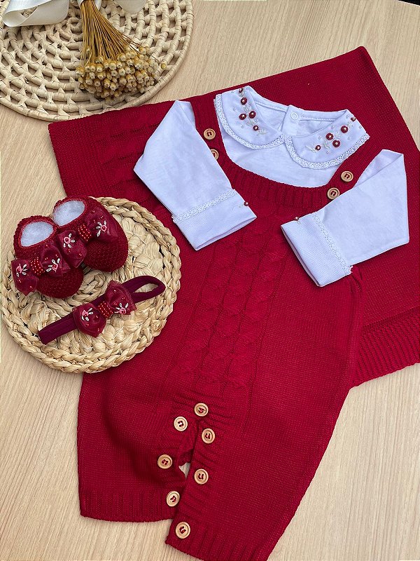 Saída de Maternidade Vermelha Feminina 5 Peças | Tricot com Body, Manta e Faixa | Dinhos Baby