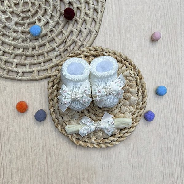 Kit Sapatinho Floral arch Pérolas Faixa Bebê Newborn 2 peças