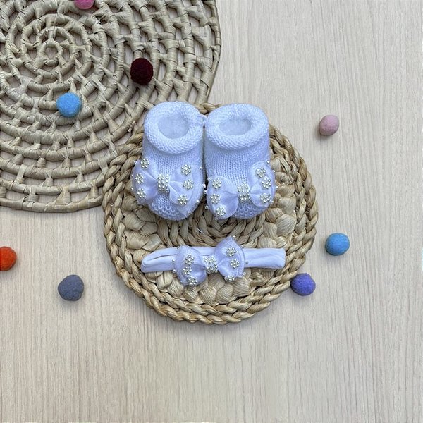 Kit Sapatinho Angel Shine Pérolas Faixa Menina Bebê 2 Peças