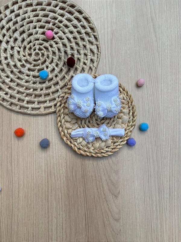 Kit Sapatinho Angel Shine Pérolas Faixa Menina Bebê 2 Peças