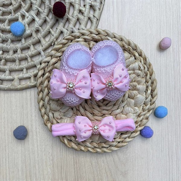 Kit Sapatinho Pink Gold Pérolas Faixa Bebê 2 Peças