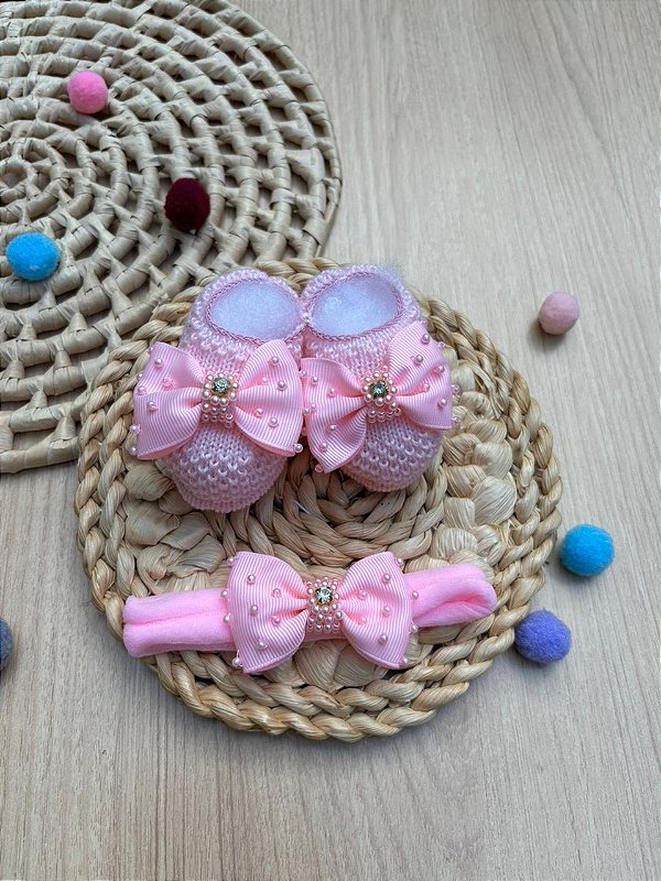 Kit Sapatinho Pink Gold Pérolas Faixa Bebê 2 Peças