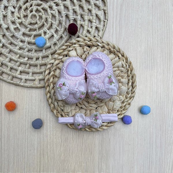 Kit Sapatinho Bella Bloom Pérolas Faixa Bebê 2 Peças