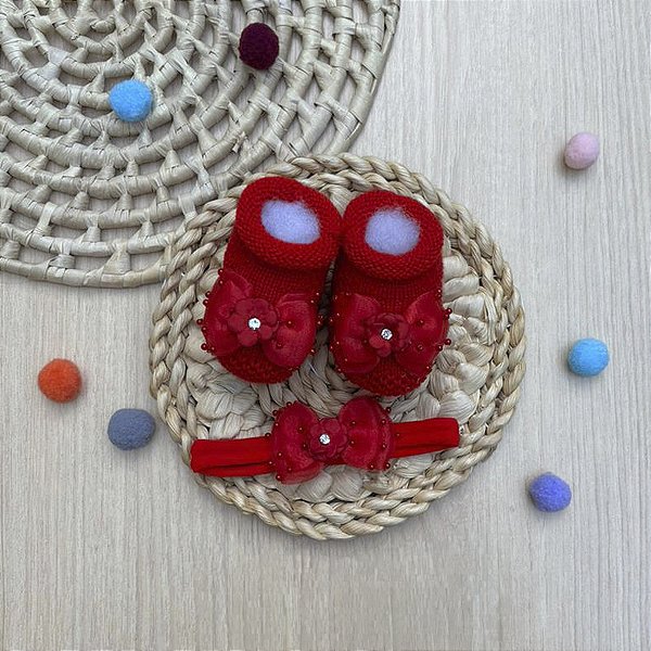 Kit Sapatinho Red Charm Pérolas Faixa Bebê 2 Peças