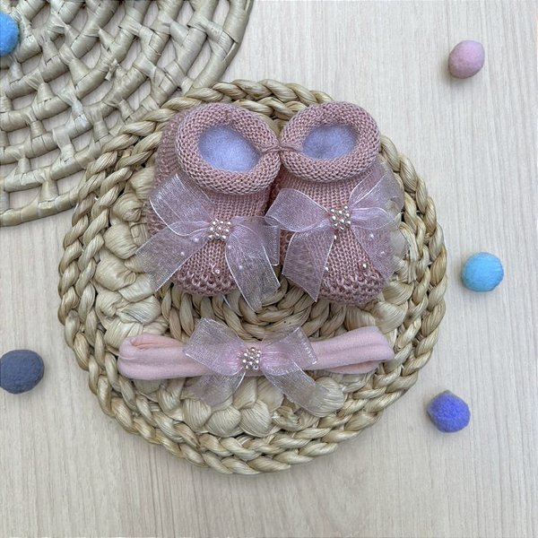 Kit Sapatinho Soft Lace Menina Pérolas Faixa Bebê 2 Peças