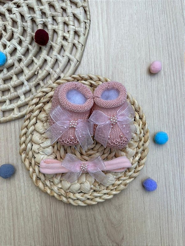 Kit Sapatinho Soft Lace Menina Pérolas Faixa Bebê 2 Peças