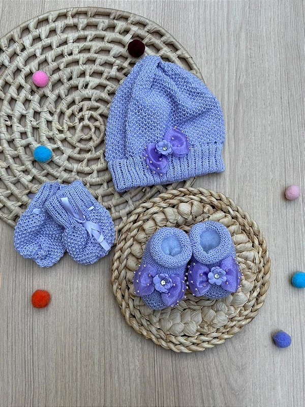 Kit 3 Peças Bebê Lavender Gorro Luvas Sapatinhos Tricô Pérolas