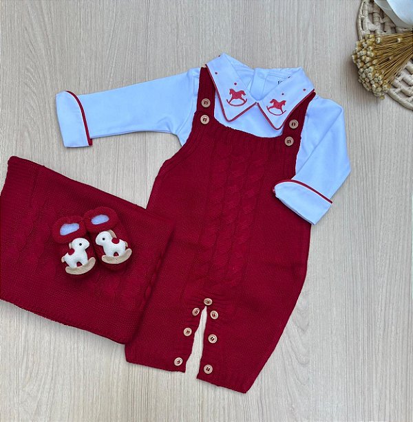 Saída Maternidade Cavalinho 4 Peças Tricot Menino Tam P com Sapatinhos