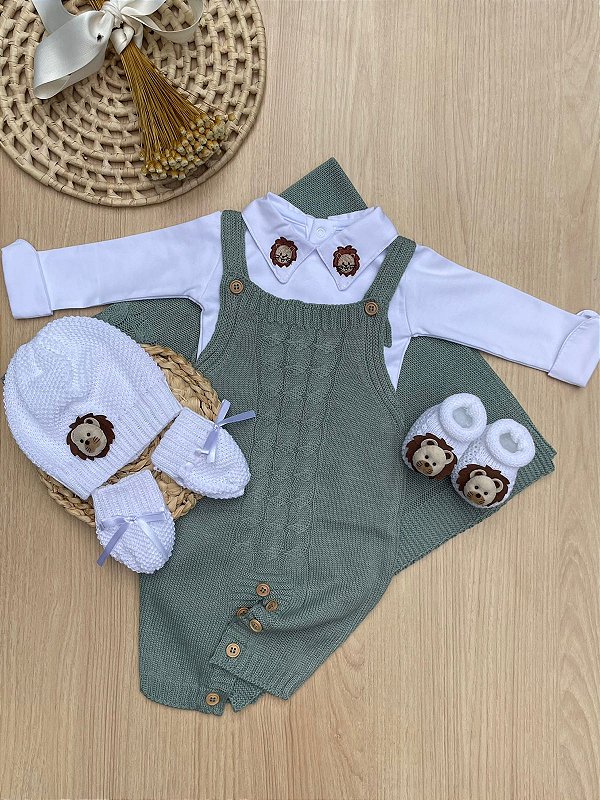 Saída de Maternidade Menino 6 Peças Leão Marrom em Tricot Dinhos Baby