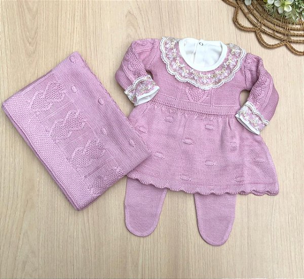Saída de Maternidade Vestido Menina Pipoca Dinhos Baby 4 peças