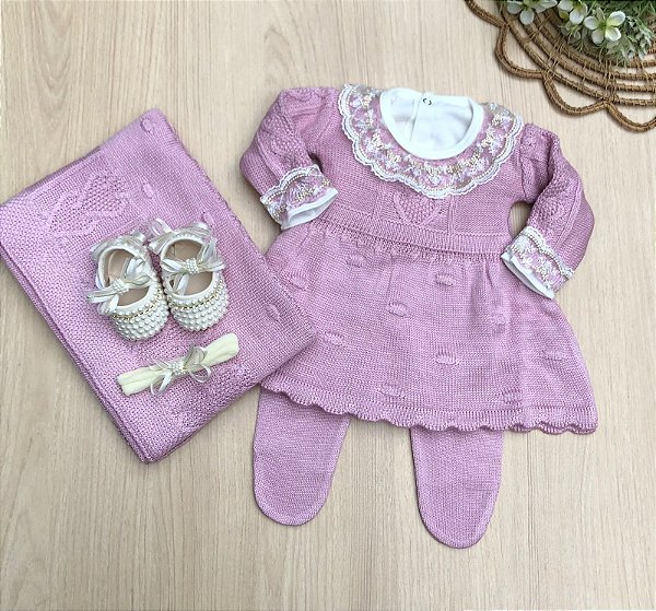 Saída de Maternidade Vestido Menina Pipoca Dinhos Baby 6 peças