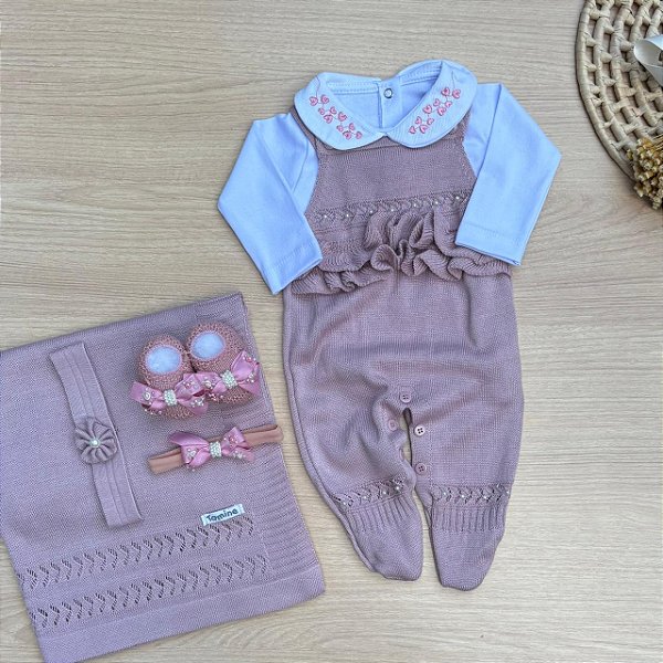 Saída de Maternidade Menina Ayla Tamine Dinhos Baby Conjunto Tricot 6 Peças