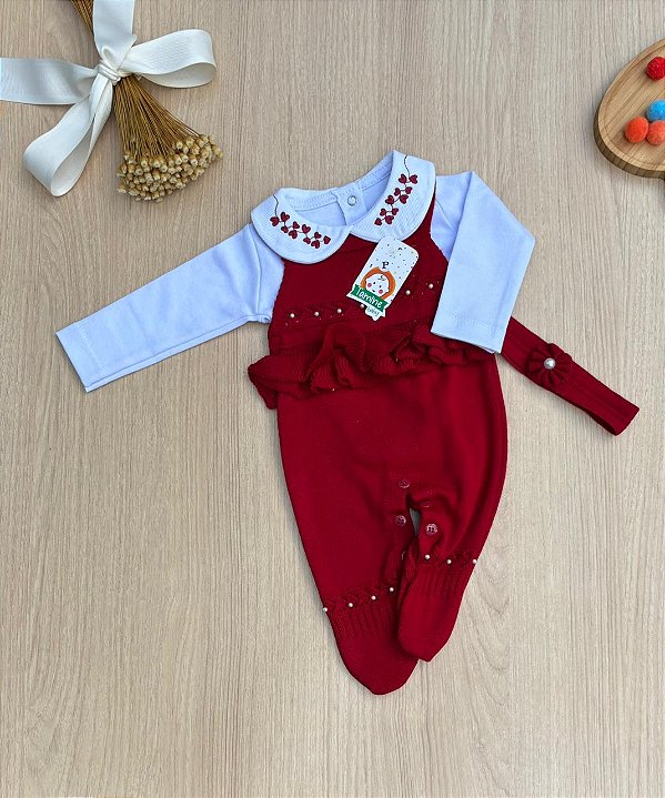 Saída de maternidade jardineira menina em tricot Ayla 3 peças