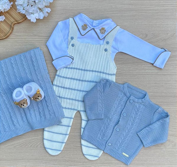 Saída de Maternidade Menino Listradinha Urso Príncipe Dinhos Baby Tricot 5 Peças