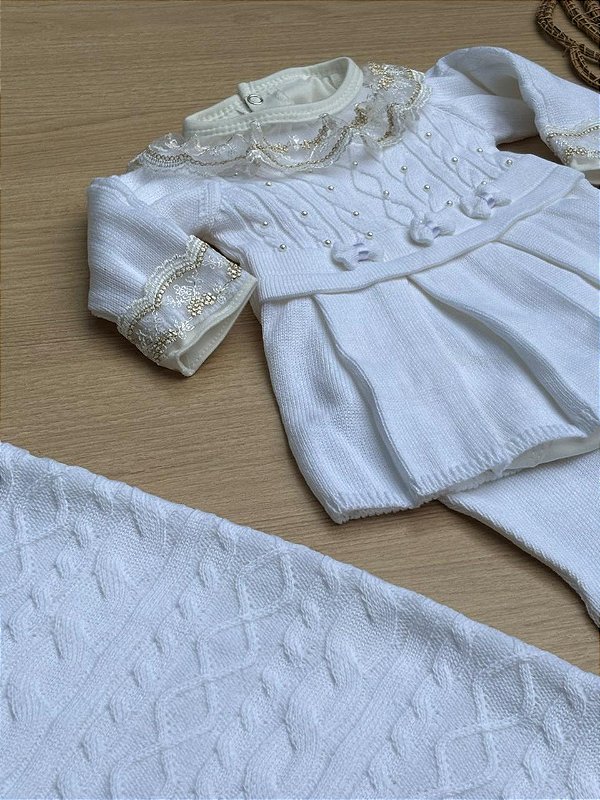 Saída de Maternidade Menina Aurora Batizado Dinhos Baby Tricot 4 peças
