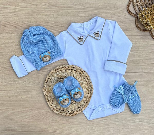 Kit Menino Ursinho Aviador Dinhos Baby 4 Peças