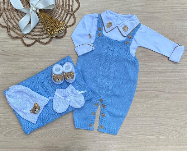 Saída de Maternidade Menino Jardineira Urso Príncipe Dinhos Baby 6 Peças
