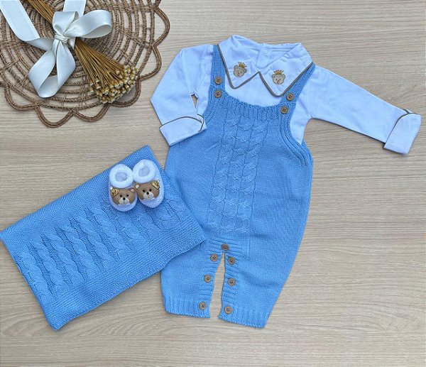 Saída de Maternidade Menino Jardineira Urso Príncipe Dinhos Baby 4 Peças