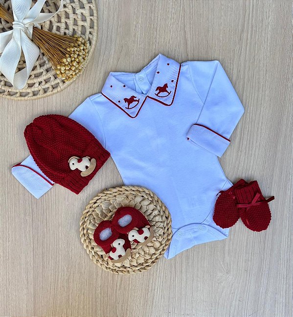 Kit Body Menino Cavalinho 4 Peças com Touca e Sapatinho – Dinhos Baby