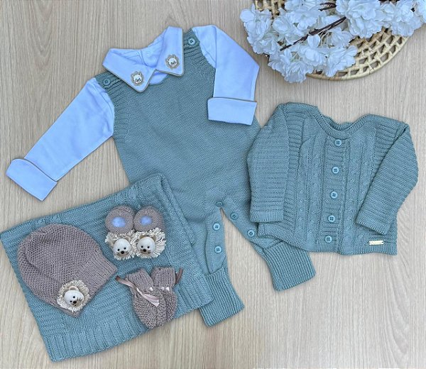 Saída de Maternidade Menino Tricot Verde Maré com Bordado de Leão Completo