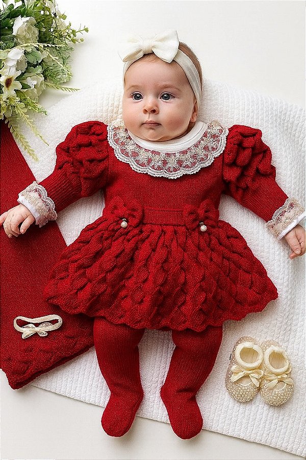 Saída de maternidade de menina vestido bufante em tricot completa perola