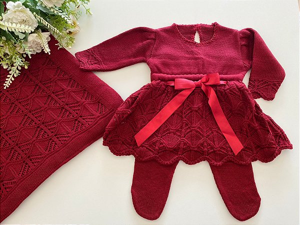 Saída de maternidade menina vestido Barcelona tricot 3 peças