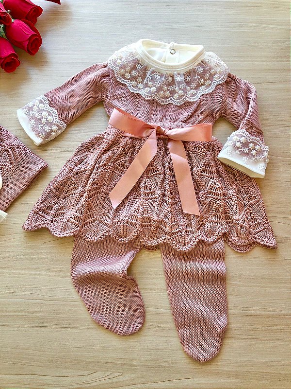 Saída de maternidade menina vestido Barcelona tricot 4 peças