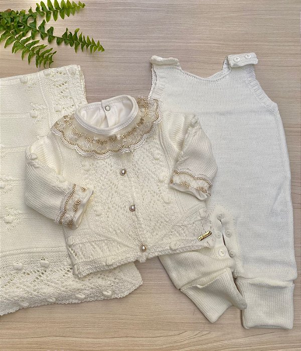 Saída de maternidade conjunto pipoca tricot 4 peças