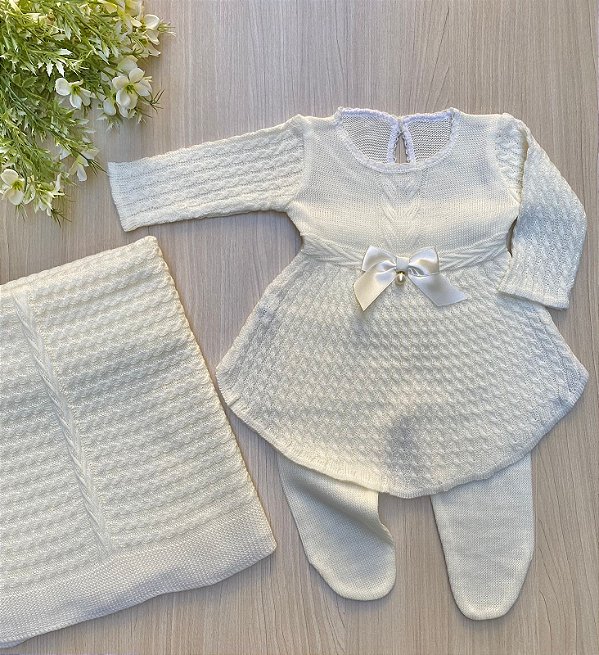 SAÍDA DE MATERNIDADE DE MENINA VESTIDO PLISSADO EM TRICOT 3 PEÇAS