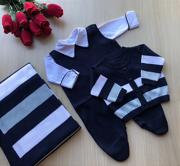Saída de Maternidade Menino Listrada em Tricot 4 peças