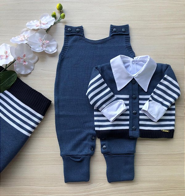 Saída Maternidade de Menino Chicago Listrada Tricot 4 peças