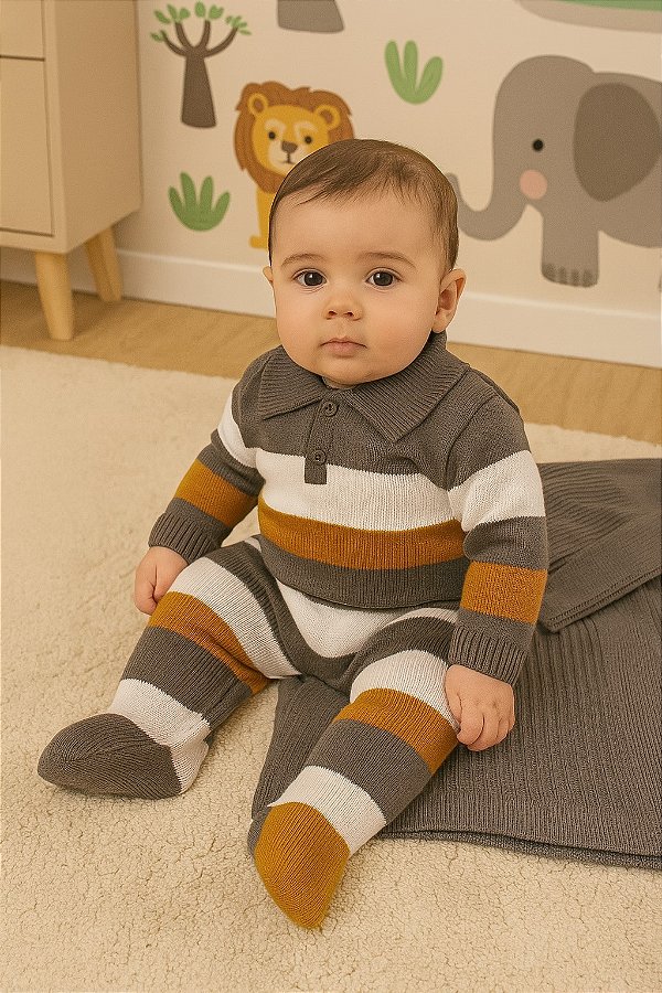 Saída de Maternidade Menino Tricot Gola Polo Listrada 2 Peças