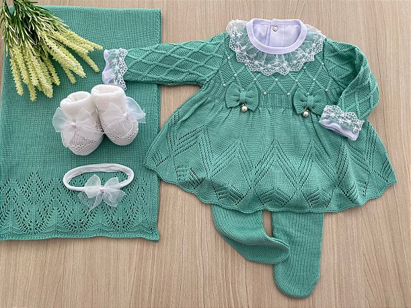 Saída de maternidade de menina vestido Gabriela em tricot 6 peças