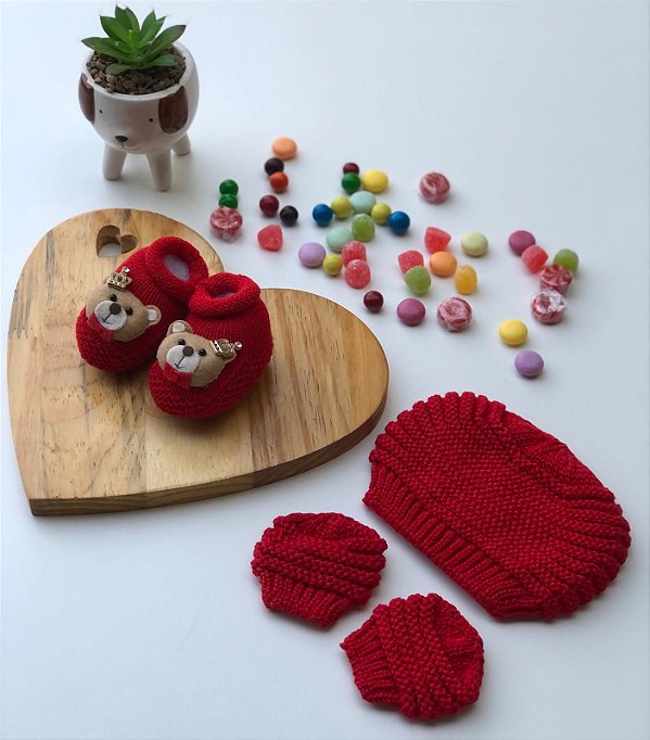 Kit sapatinho gorro e luvas menino urso príncipe