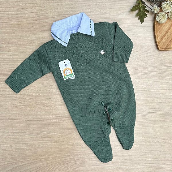 Macacão charles em tricot + body bordado em algodão 2 peças