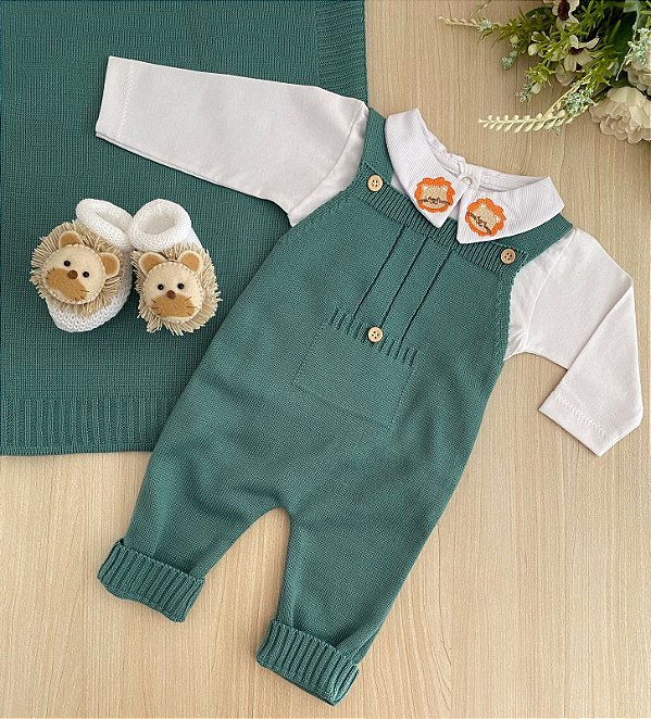 Saída de maternidade em tricot bordado de leão 4 peças completa