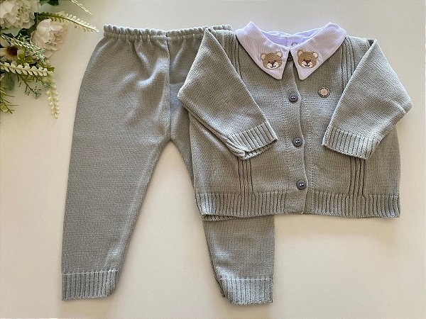 Conjunto casaco + calça em tricot de menino 3 peças body bordado de urso