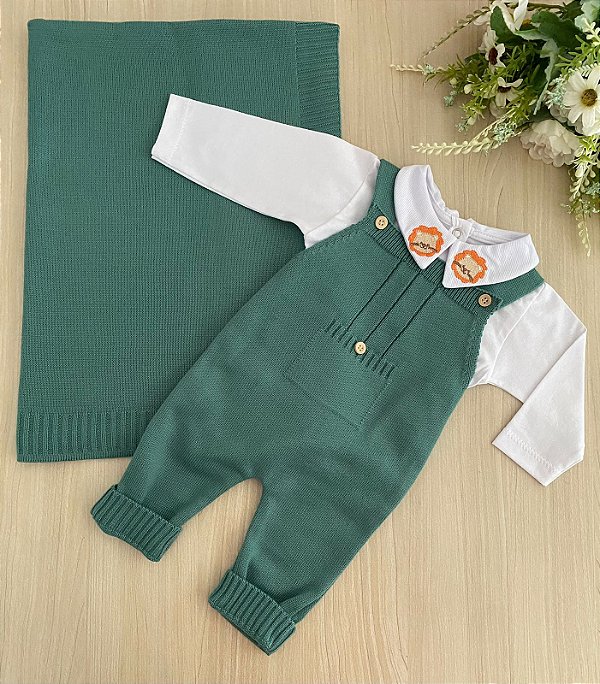 Saída de maternidade de menino em tricot com bordado de leão 3 peças