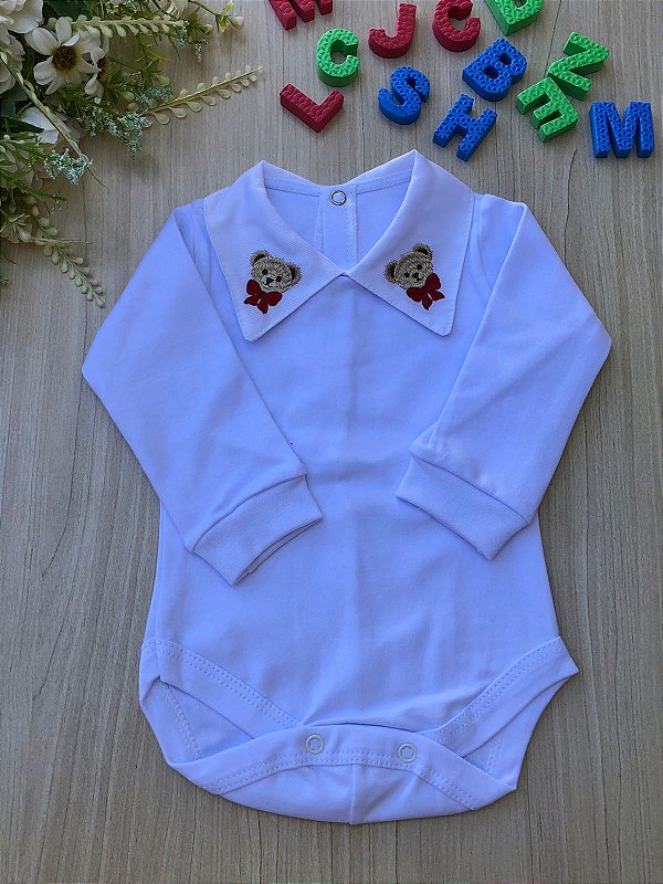 Body Camisa Branco com Bordado de Urso e Gravata - 100% Algodão