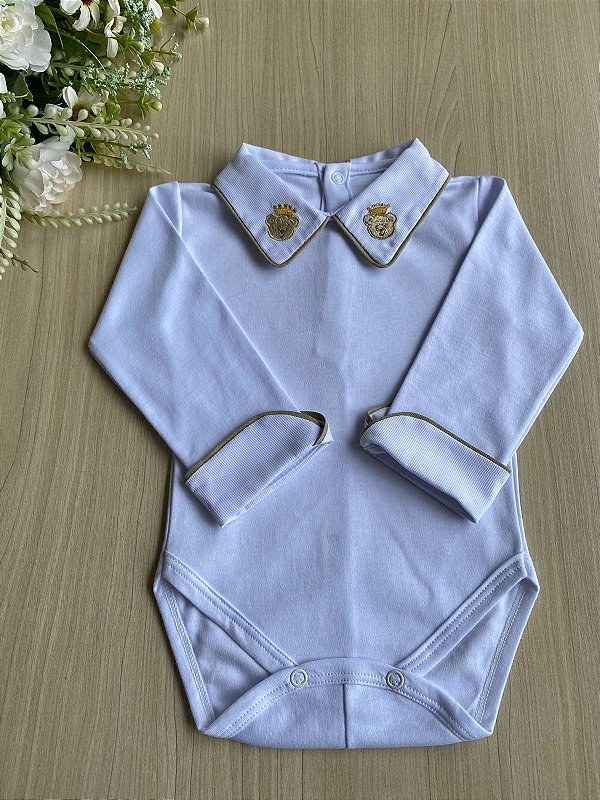 Body Camisa Branco com Bordado de Urso Príncipe - 100% Algodão Bebê