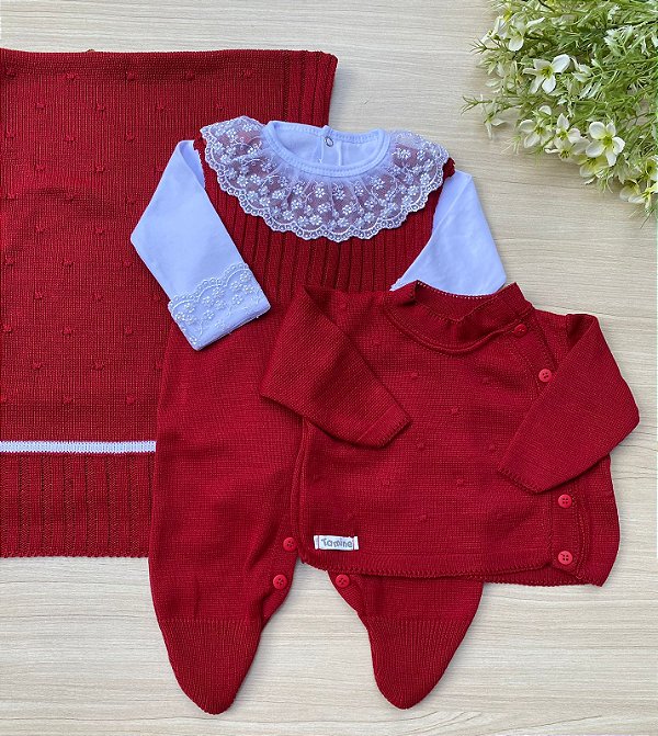 Saída de maternidade de menina happy renda em tricot 4 peças