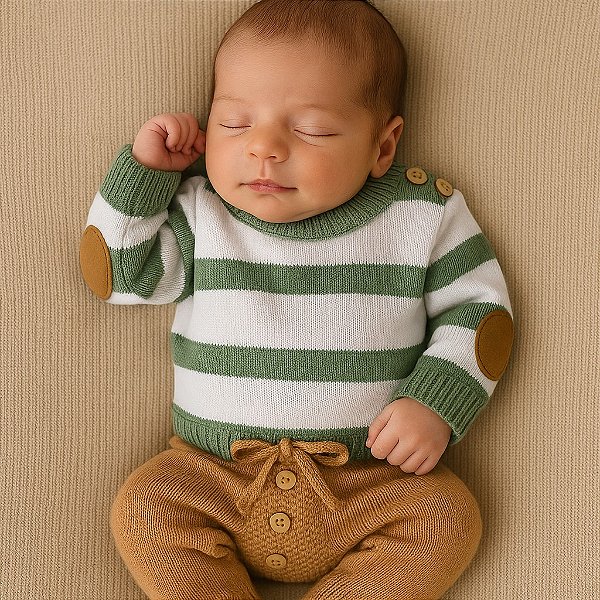 Saída de Maternidade Menino Tricot Listrada - Manta Calça e Cardigã 3 Peças