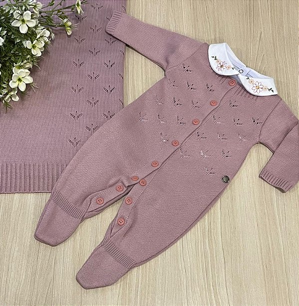 Saída de maternidade de menina macacão margarida em tricot 3 peças